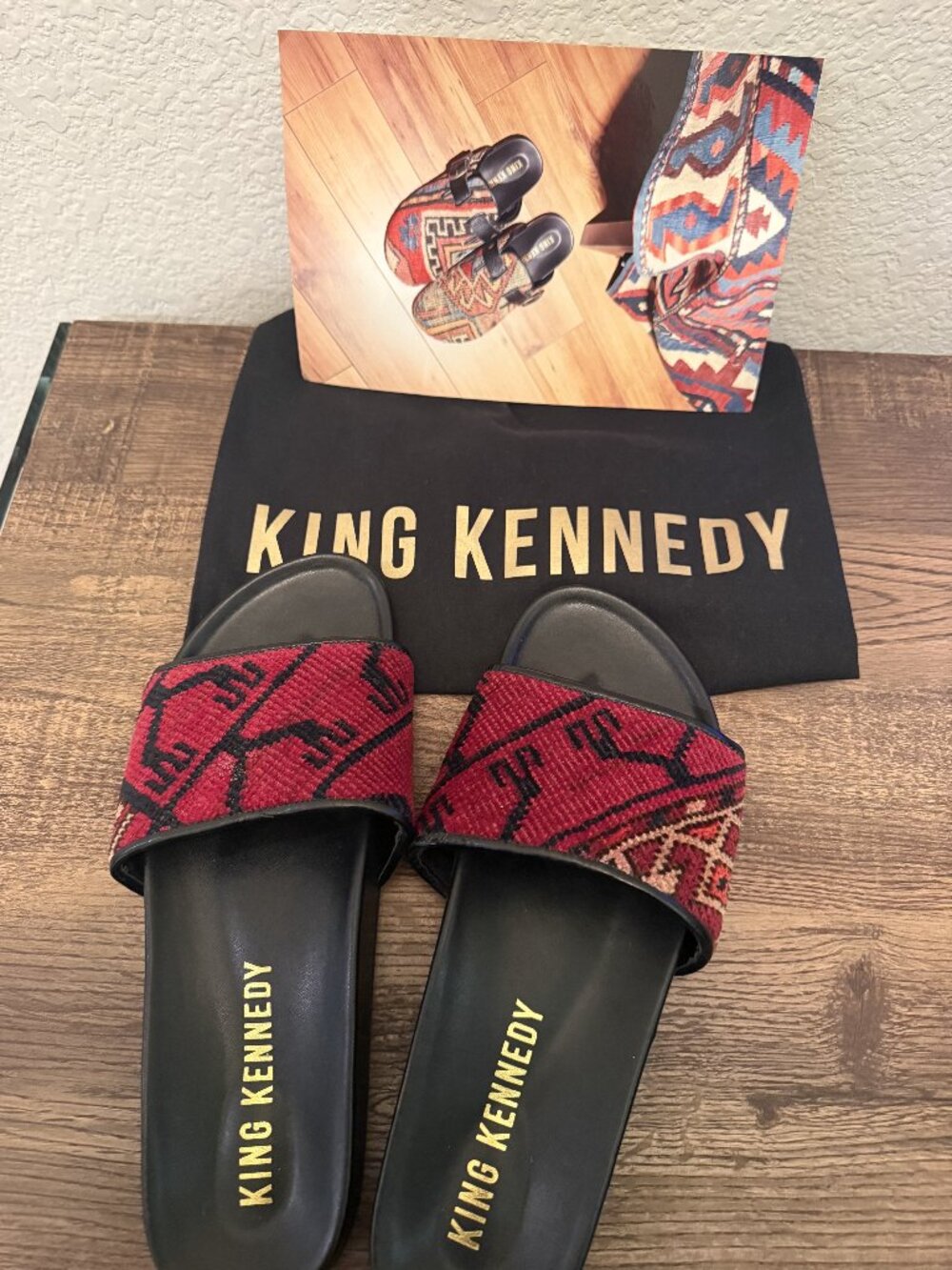 King Kennedy Handmade Vintage Kilim Rug Slide Sandals Red w/ Dust Bag